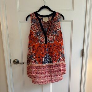 Anthropologie Vanessa Virginia Orange/Pink/Navy Silk Tank Split Neck Size Large
